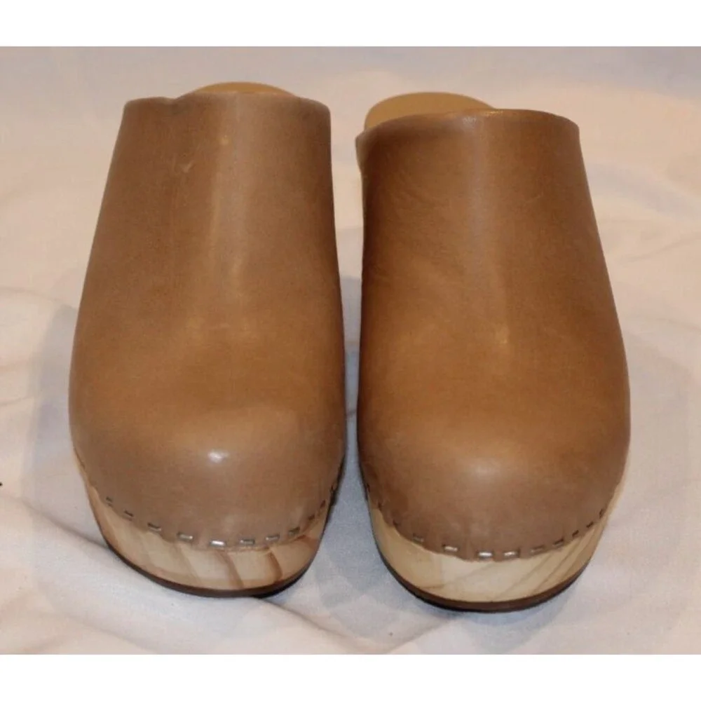 Nisolo Leather Closed Toe Slip On Wooden All Day Mule Heeled Clogs ALMOND - Picture 5 of 7